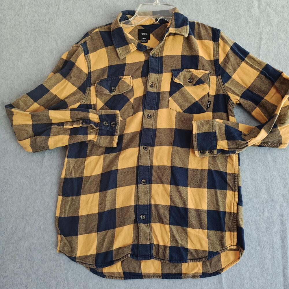 Vans Shirt Mens Small Yellow Navy Buffalo Plaid Flannel Long Sleeve Button Up